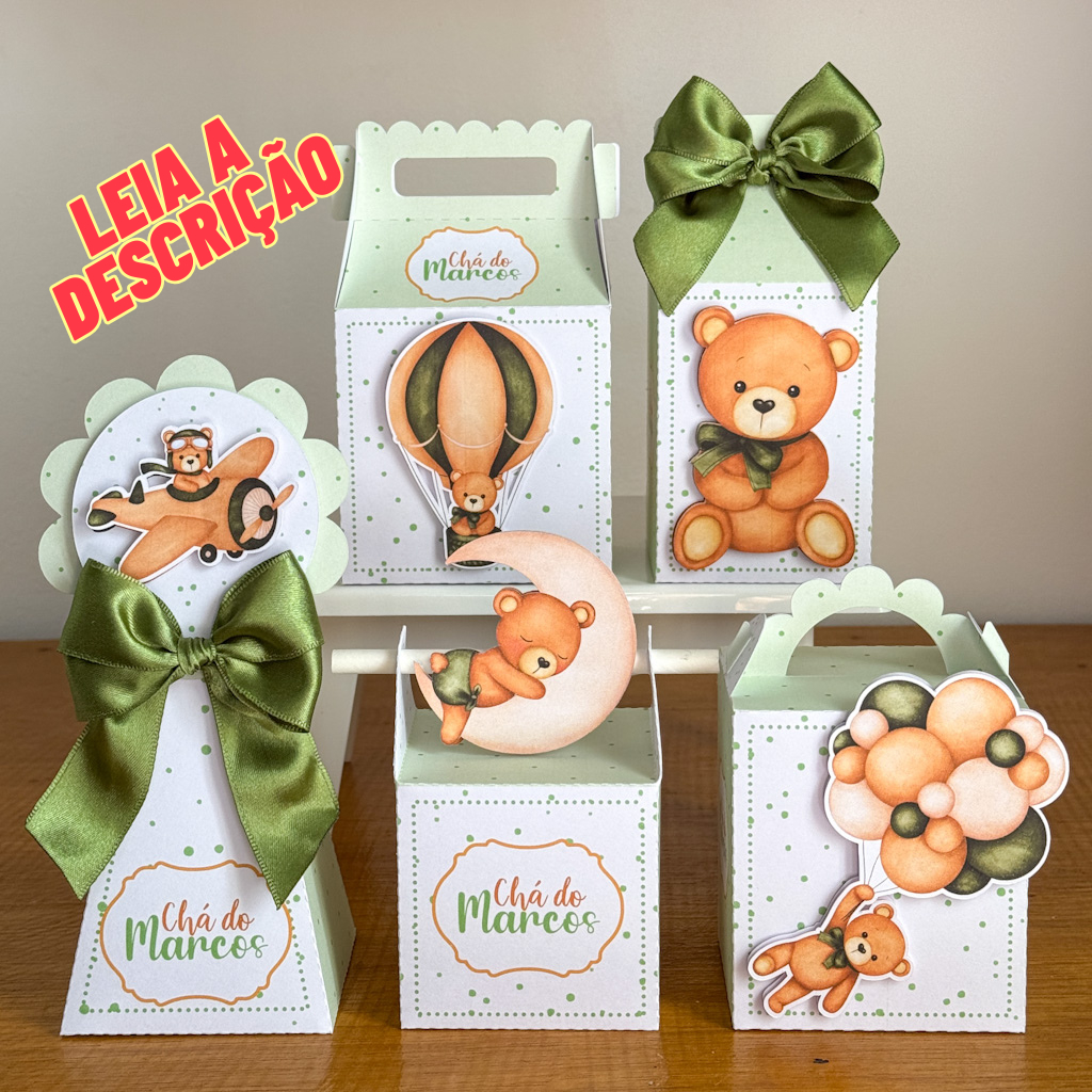 KIT CHÁ DE BEBÊ URSINHO VERDE PERSONALIZADO JÁ MONTADOS- chá revelação lembrancinhas-caixas-aniversario