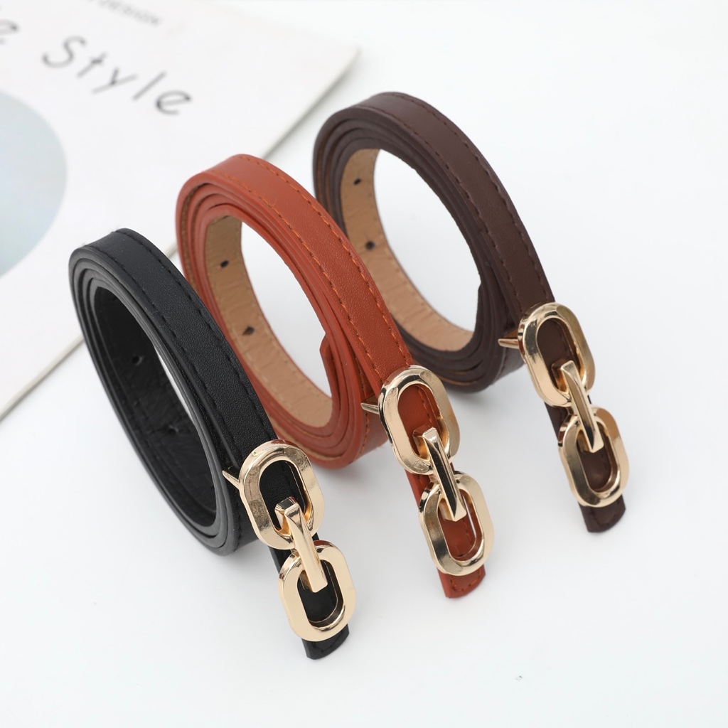 Cinto De Couro Feminino Coreano – Fino Preto Com Fivela De Pino De Liga Para Uso Diário