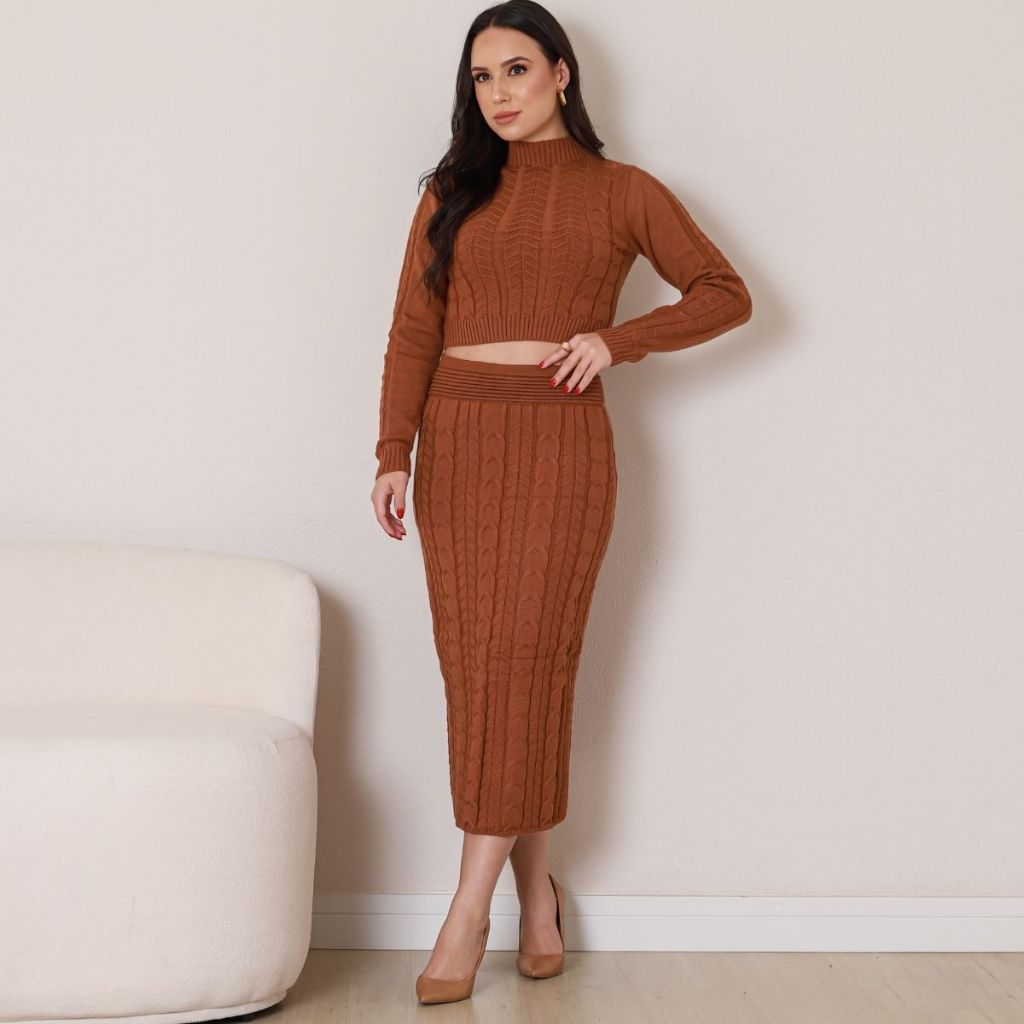 Conjunto Feminino Tricot Modal Cropped Manga Longa E Saia Midi Elegante Moda Primavera Verão