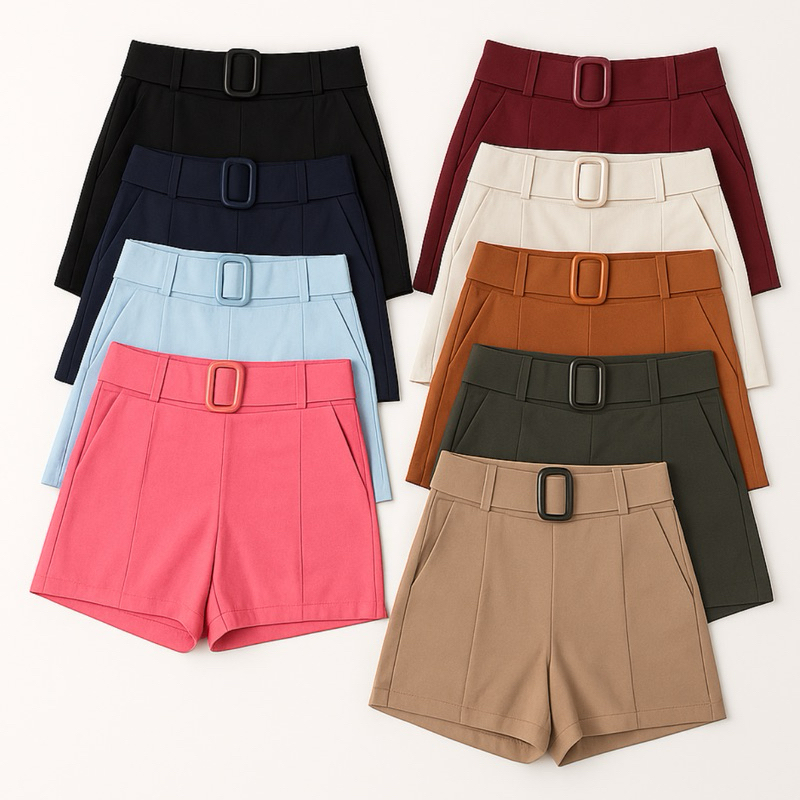Shorts Liso com cinto fivela Bengaline Social Com Bolso Cintura Alta Elastano em Oferta na Shopee