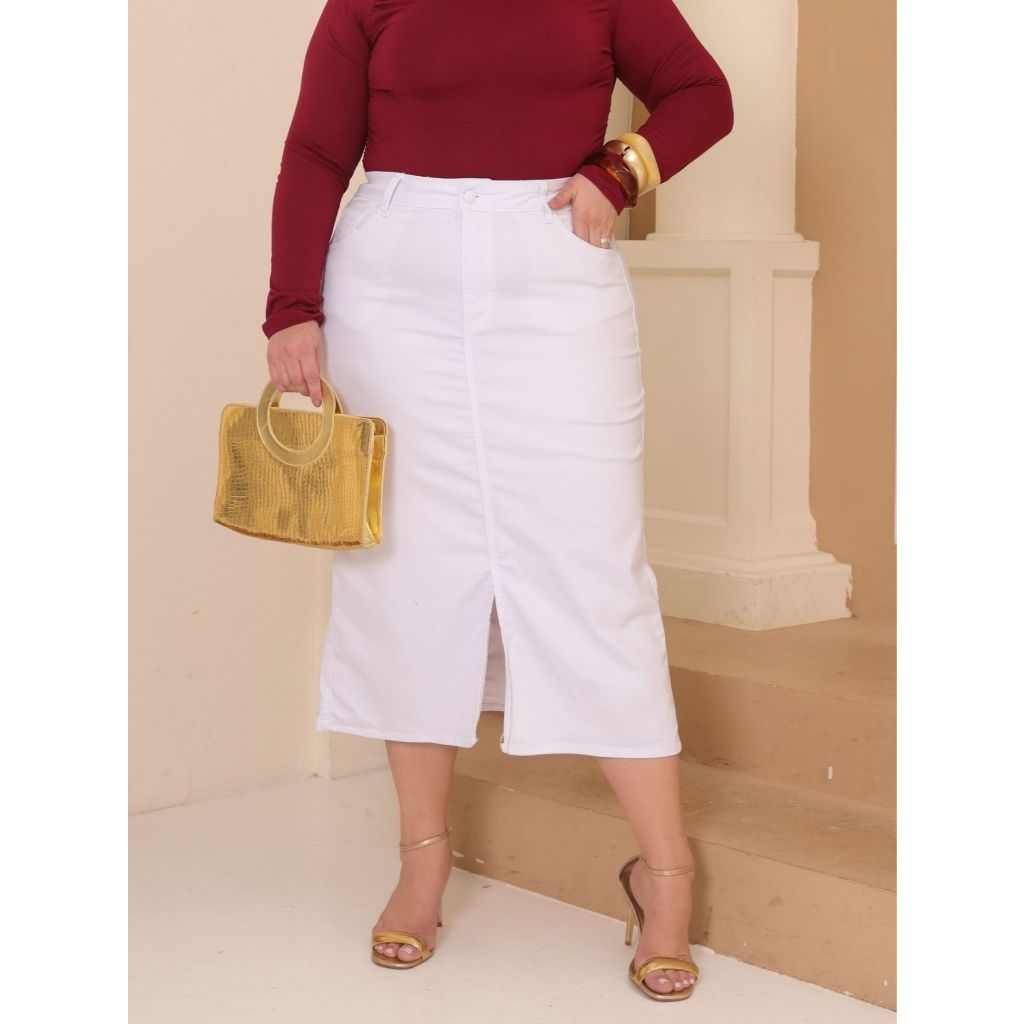 Saia Midi Jeans Plus Size Sarja Branca Com Fenda Modesta Cristã Culto Modéstia em Oferta na Shopee