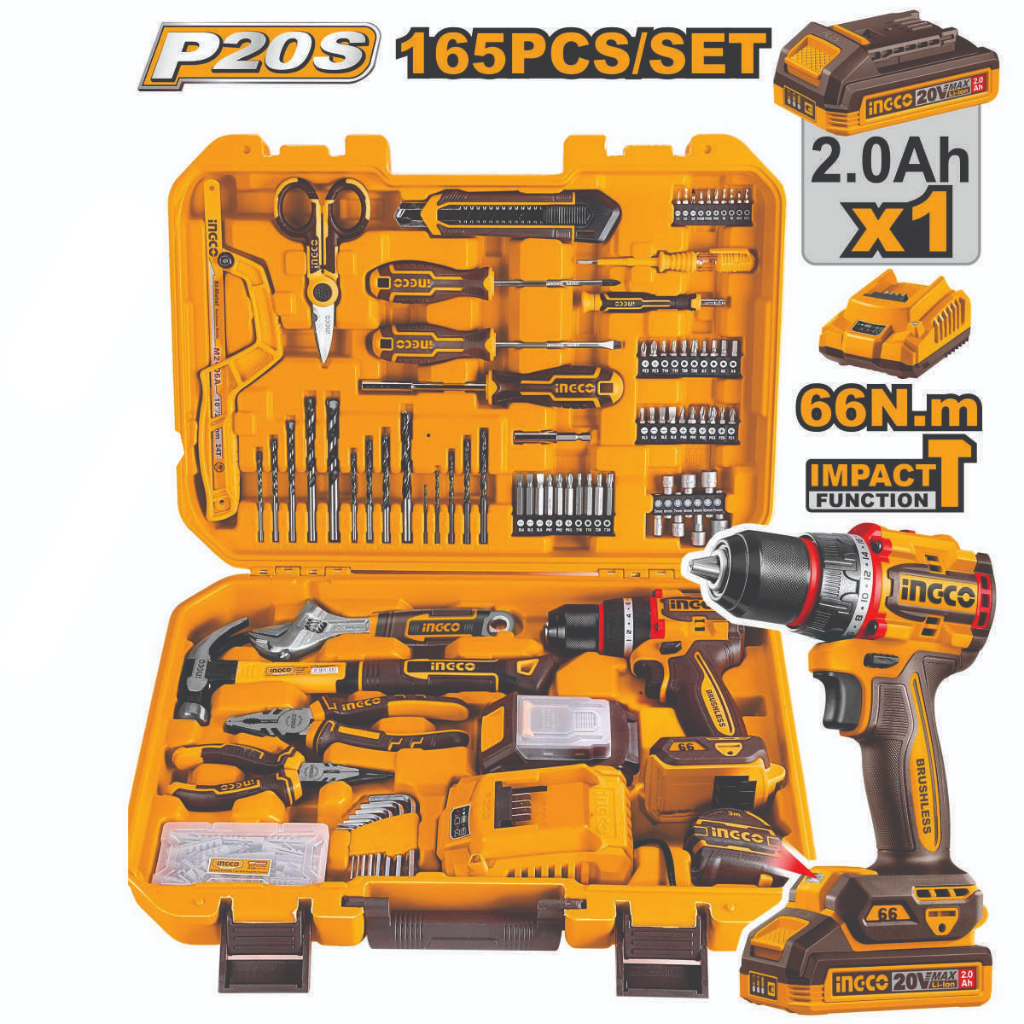 Parafusadeira e Furadeira 66N Função Impacto e Maleta Completa de Ferramentas 165 Peças Ingco