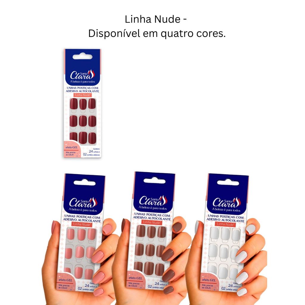 24 Unidades de Unhas Postiças Autocolante Linha Nude Cor Rosé - Santa Clara