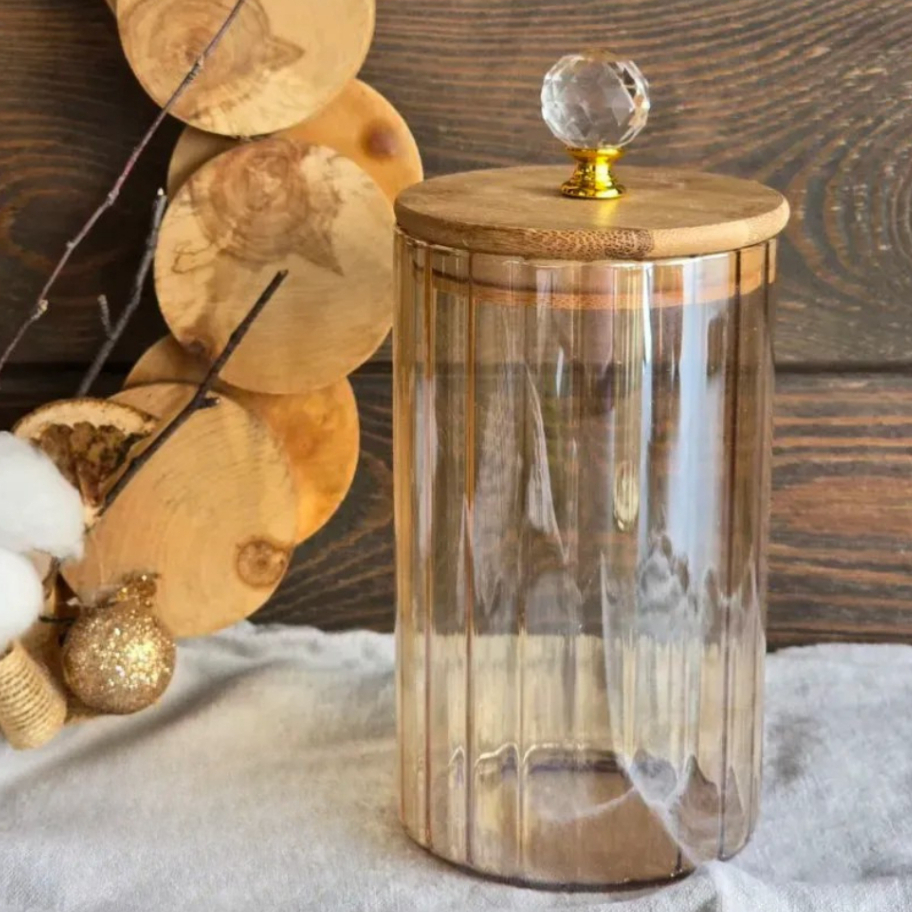 Pote de Vidro Dourado com Tampa Bambu 750ML cozinha Porta temperos