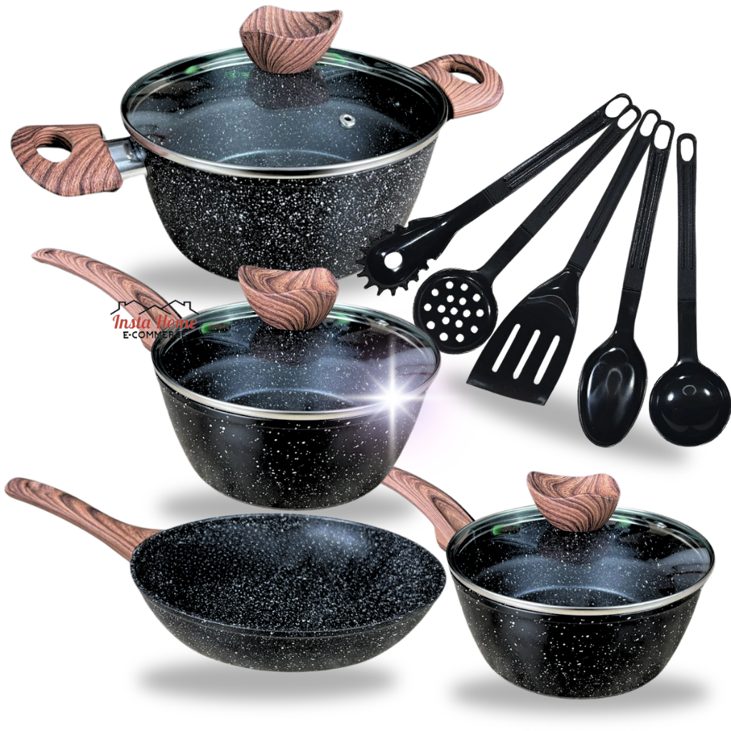 Kit Jogo de Panelas 9 Peças Indução Gás Revestido em Cerâmica Granito Antiaderente Frigideira Caçarola