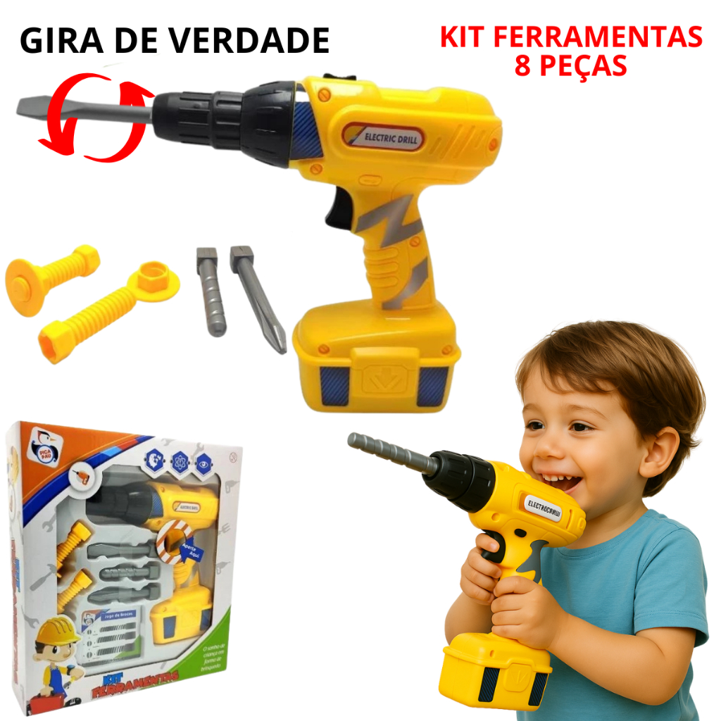 Parafusadeira Eletrica Infantil Kit Ferramentas Brinquedo Furadeira Gira de Verdade Menino