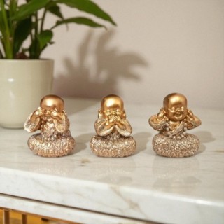 Imagem Trio de Estátuas Buda Baby Decorativo Dourado em Resina 4cm Não Falo Não Ouço Não Vejo