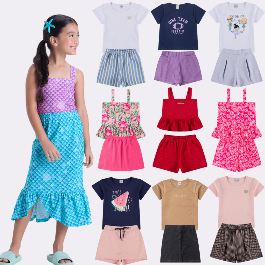 Kit Sortido 6 Peças de Roupas Infantis Menina Verão- 3 Camisetas + 3 Shorts/Saia