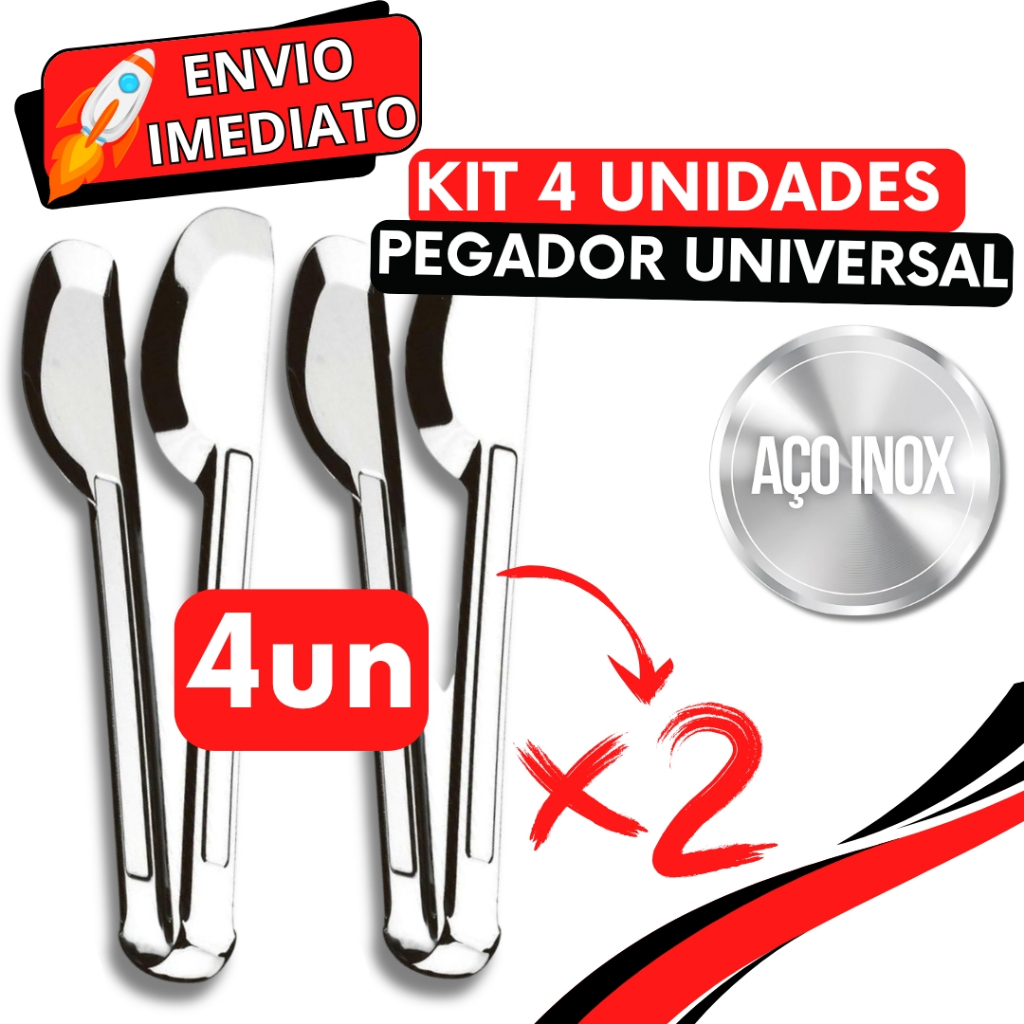 KIT Conjunto 4 Pegador Pinça Universal Inox de Churrasco Salada Massa Comida Frios para Casa Cozinha Buffet Restaurante