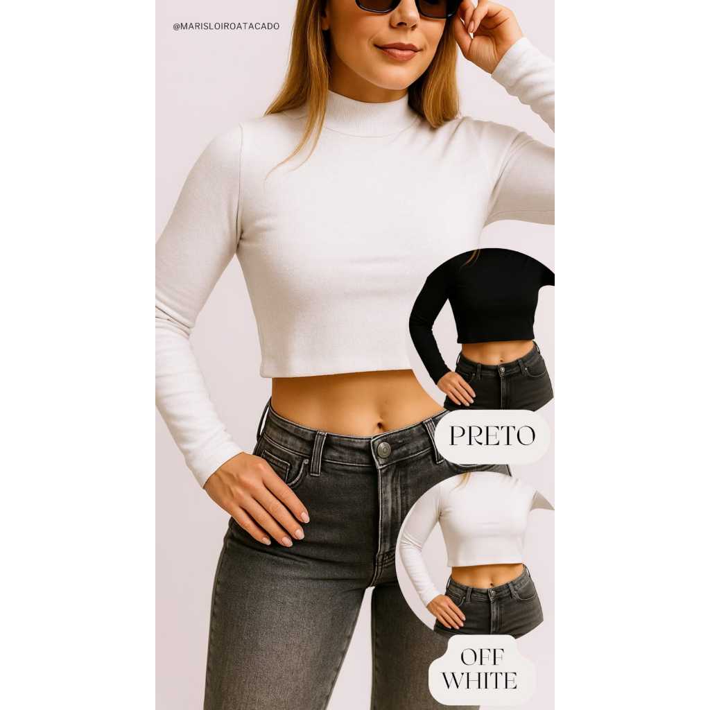 KIT 2 CROPPED MANGA LONGA FEMININA BÁSICO VISCOLYCRA do P,M,G  GG