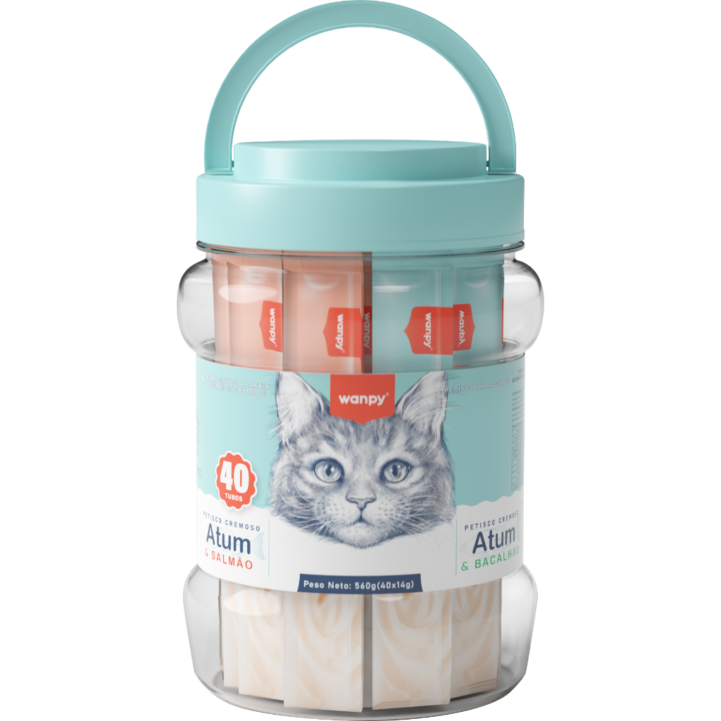 Petisco Para Gatos Trully Wanpy Creamy Pote 40 Tubos de 14g Sabores Atum e Salmão Atum e Bacalhau