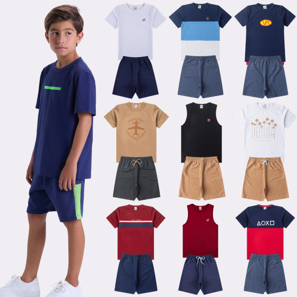 Kit Sortido 6 Peças de Roupas Infantis Menino Verão- 3 Camisetas + 3 Shorts
