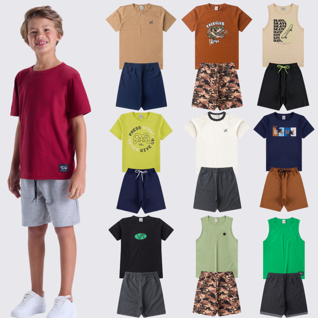 Kit Sortido 4 Peças de Roupas Infantis Menino Verão- 2 Camisetas +2 Shorts