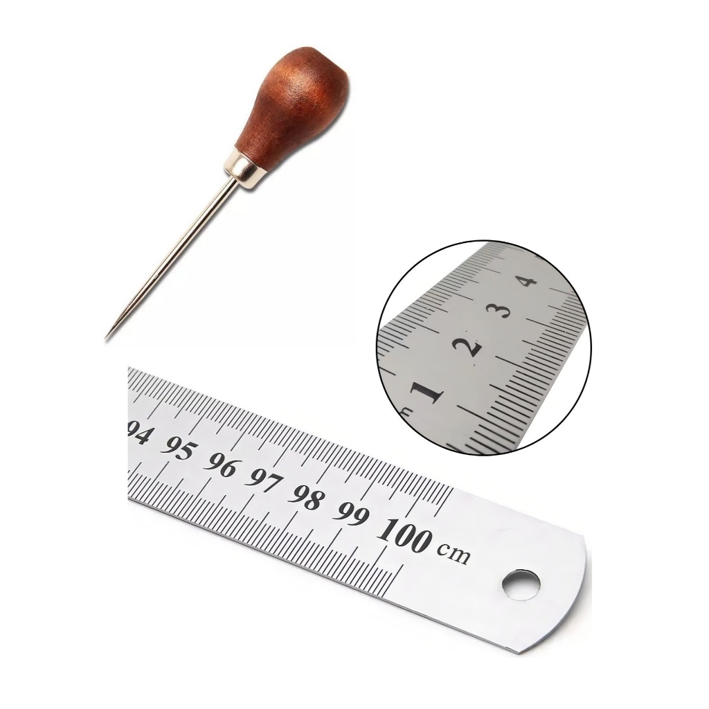 Régua 100cm 40 Polegada Profissional Aço Inox + Agulhão Manual Furador de Madeira para Patchwork