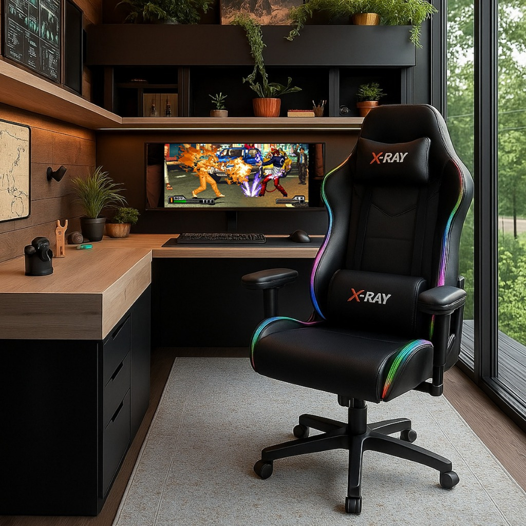 Cadeira Gamer X-ray Led Rgb Ergonomica Almofadada Couro Pu Reclinável Com Apoio de Cabeça