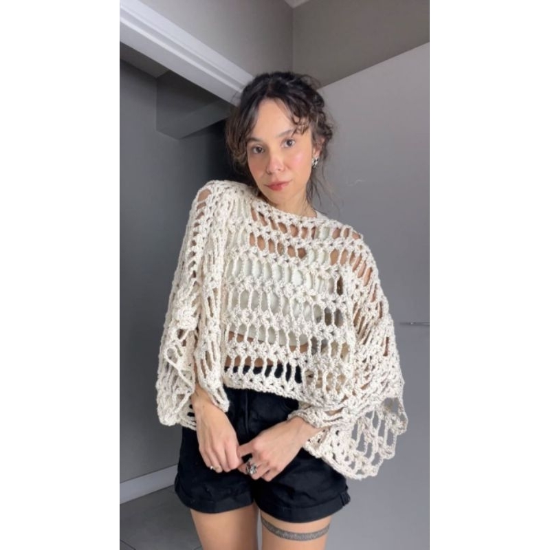Bata em crochê moda feminina sobretudo viral assimétrico tricô verão linha 100% Algodão