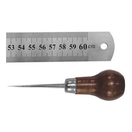 Régua 60cm 24 Polegada Aço Inox Profissional + Agulhão Furar Madeira para Patchwork Couro Artesanato