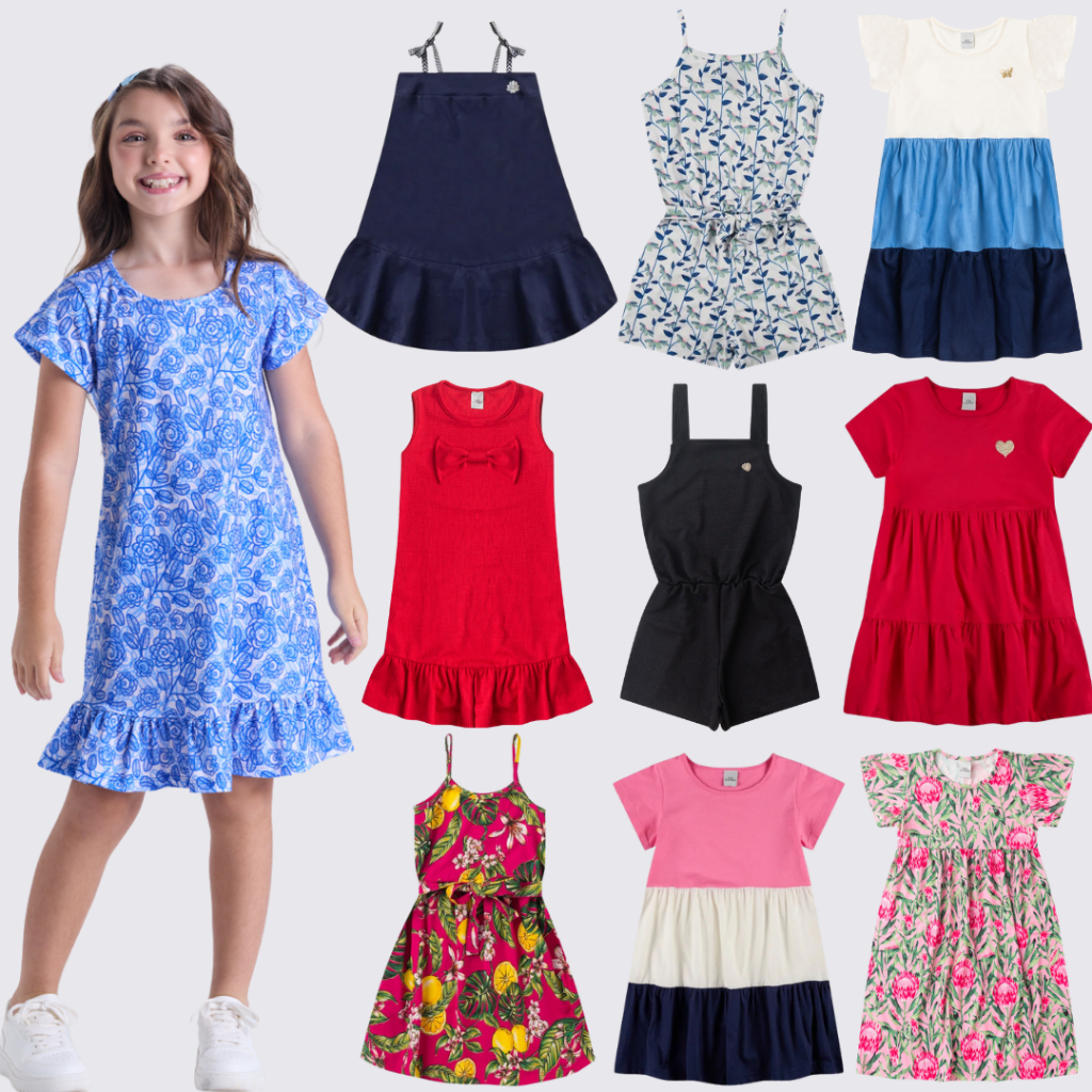 Kit Sortido 3 Peças de Roupas Infantis Menina Verão- 3 Vestidos/Macaquinhos