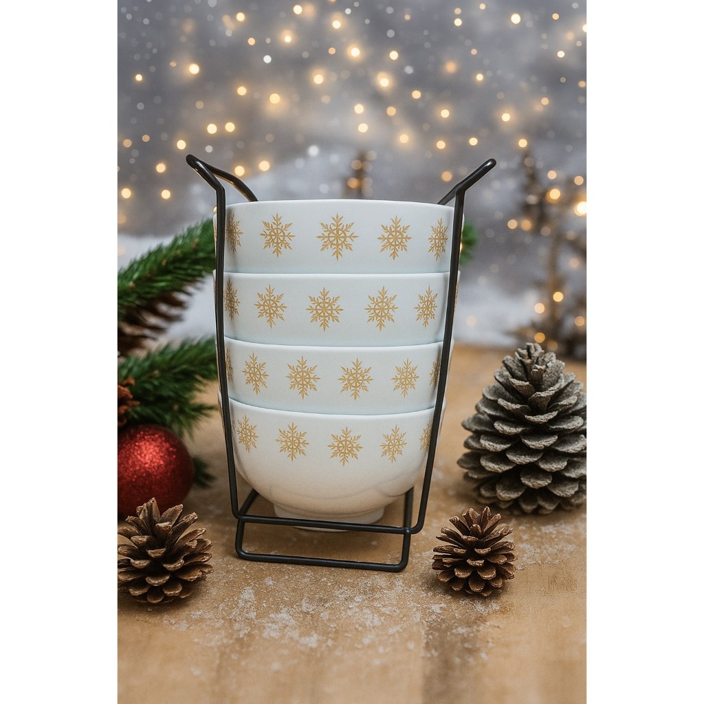 Kit 4 Tigelas Cumbuca Bowl Açaí 350ml Porcelana Decorada Natal Neve Festivo + Suporte Metal