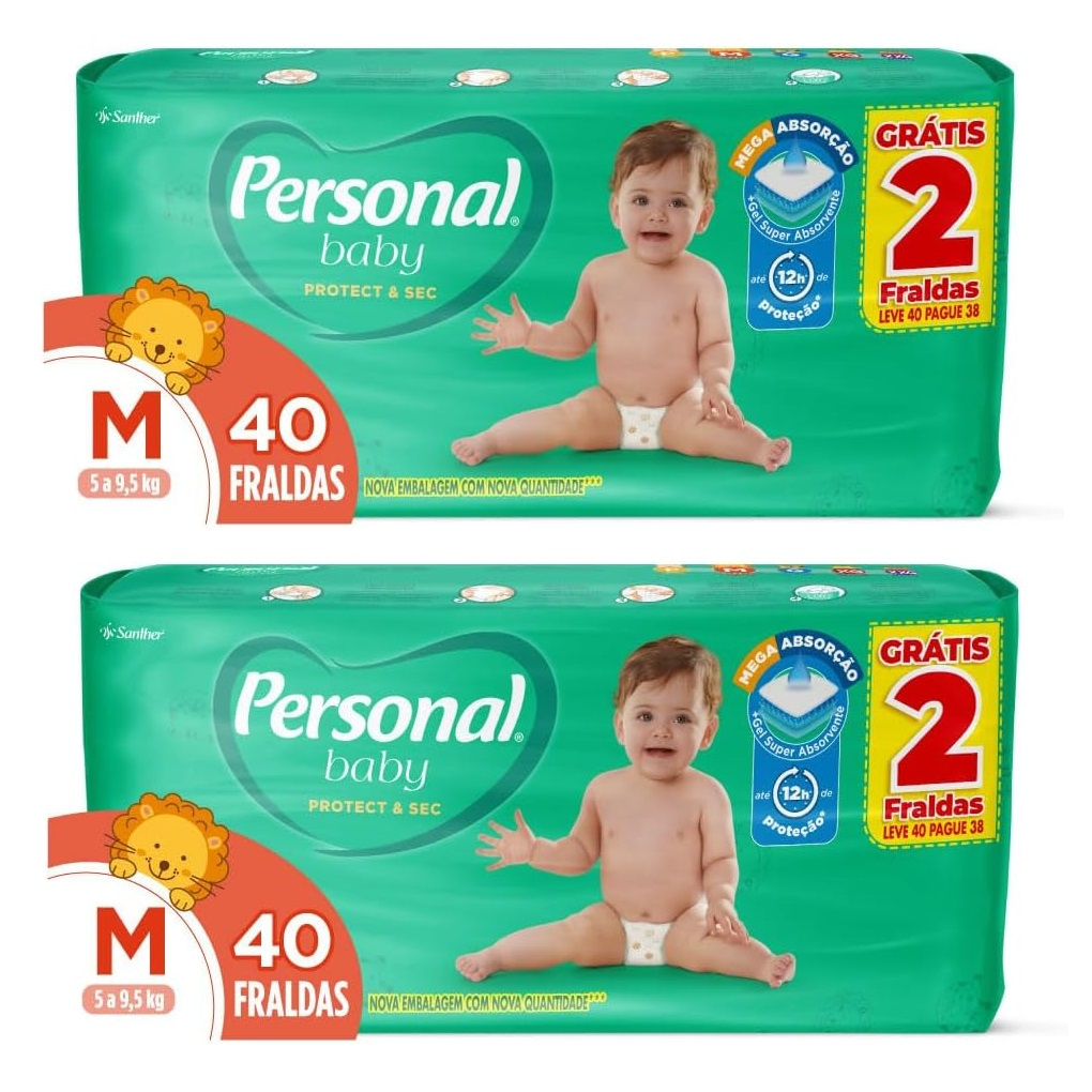 Kit 2ptes Fralda Personal Baby M 5 a 9,5 kg - 40un - Total 80un MEGA