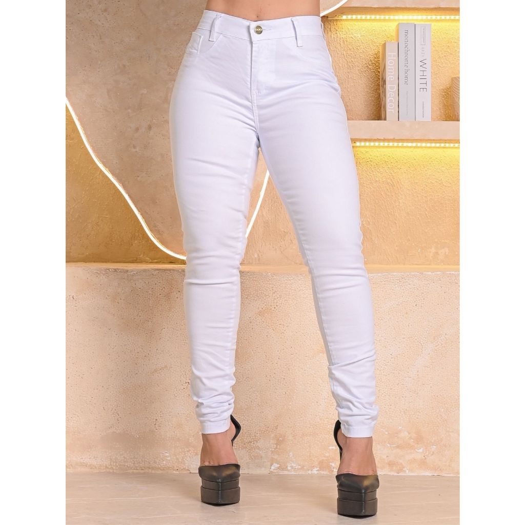 Calça Skinny Jeans Branca Feminina Cintura Alta C/Lycra Empina Bumbum Enfermagem Sáude Médica Branco