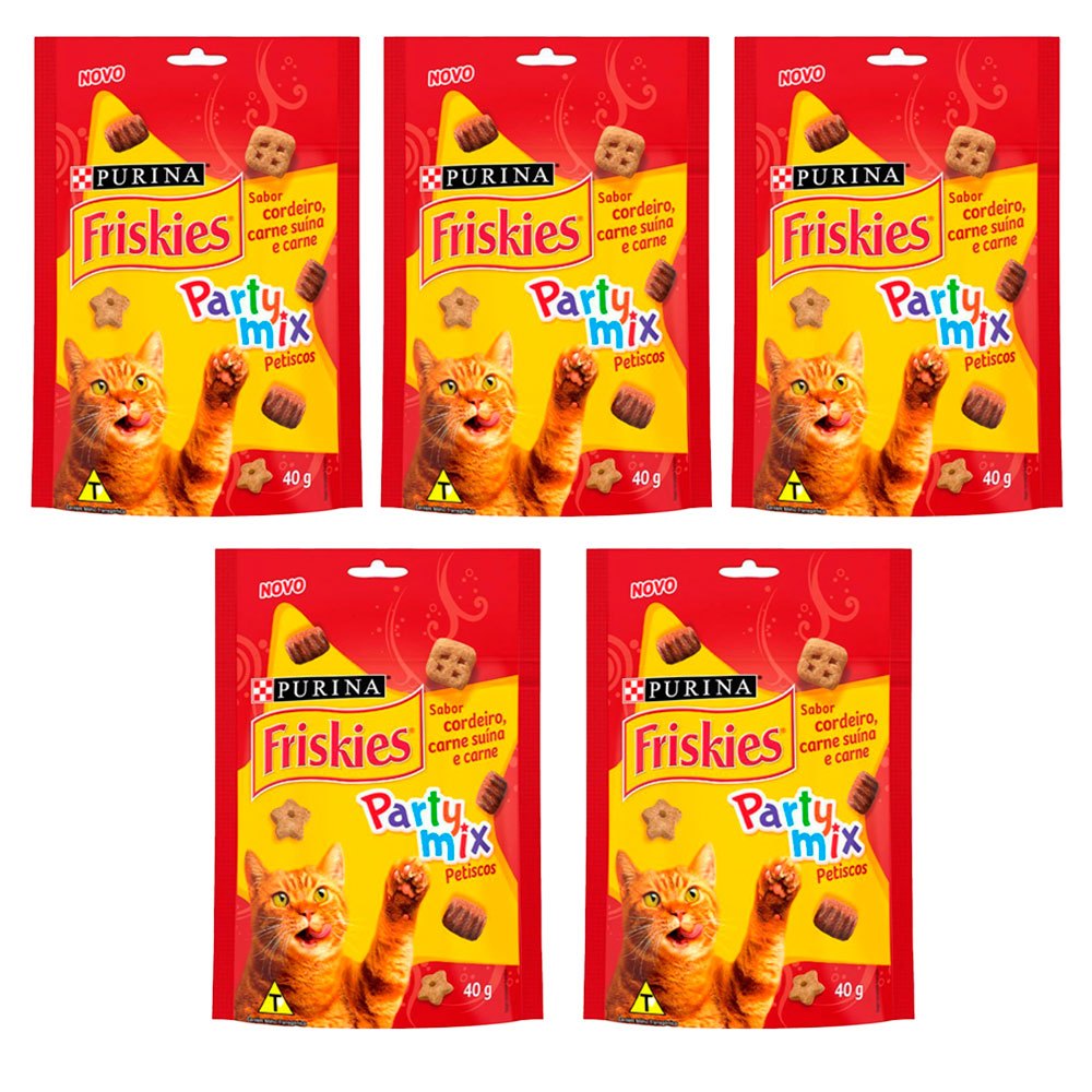 Kit com 5 Petisco Friskies Gatos Adultos Cordeiro, Carne Suína e Carne 40g em Oferta na Shopee