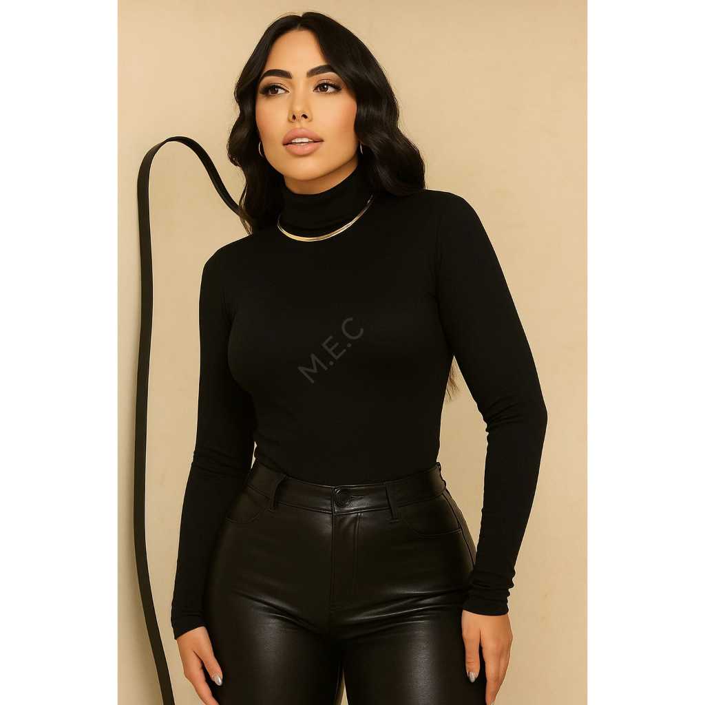 Blusa de Frio CACHARREL Feminina Gola Alta  Modelo CANELADO Outono Inverno Elegante Toque de Algodão