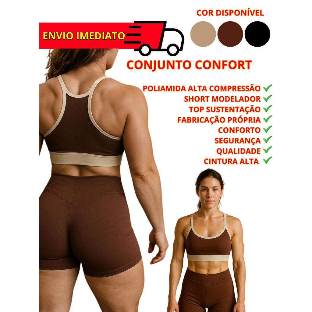 Conjunto Academia Feminino Top e Short Cintura Alta Em Suplex de academia e treino