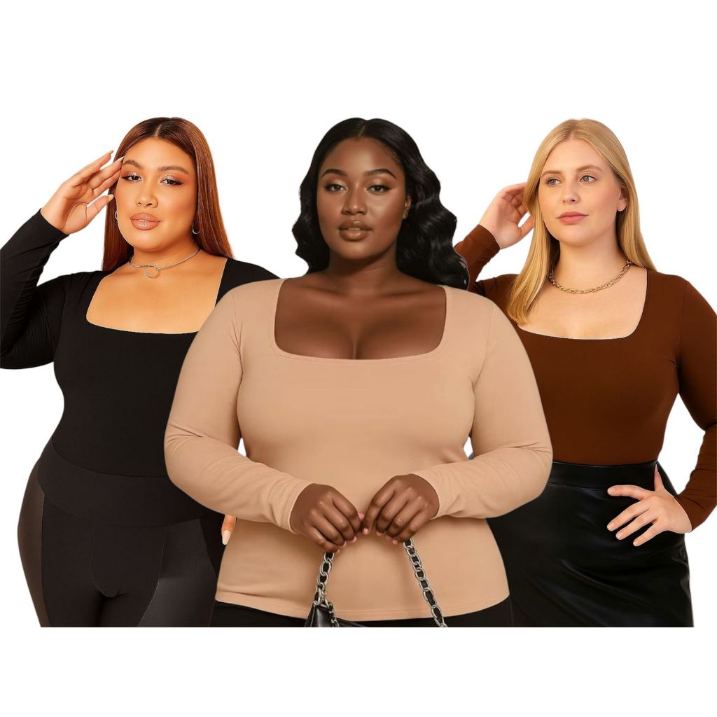 Blusa Feminina Manga Longa Plus Size Curve Mid Size Curve Decote Quadrado Suplex Poliamida em Oferta na Shopee