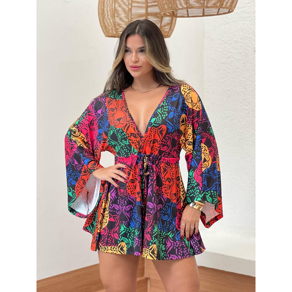 MACAQUINHO ANGEL MANGA LONGA  - macaquinho feminino estampado animal print leopardo estampa tigre inspiração fa