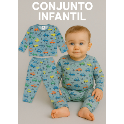 Kit Com 2 Conjuntos de Bebê Térmicos Peluciados Estampados Contendo 4 Peças, 2 Blusas + 2 Calças - Inverno Meia Estação
