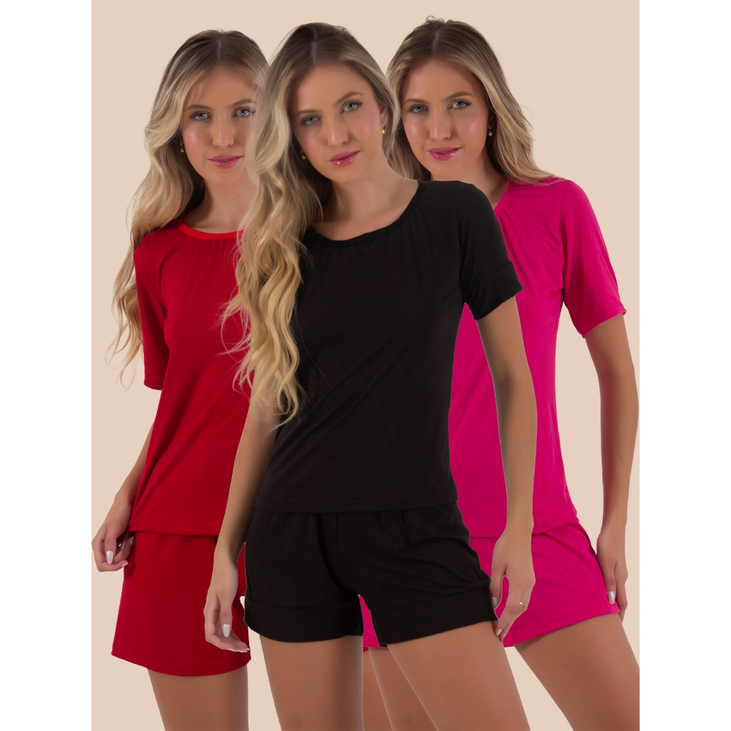 KIT 3 Pijamas Feminino Estilo Suede Blusa Manga Curta e Short Moda Feminina - Women Clothes