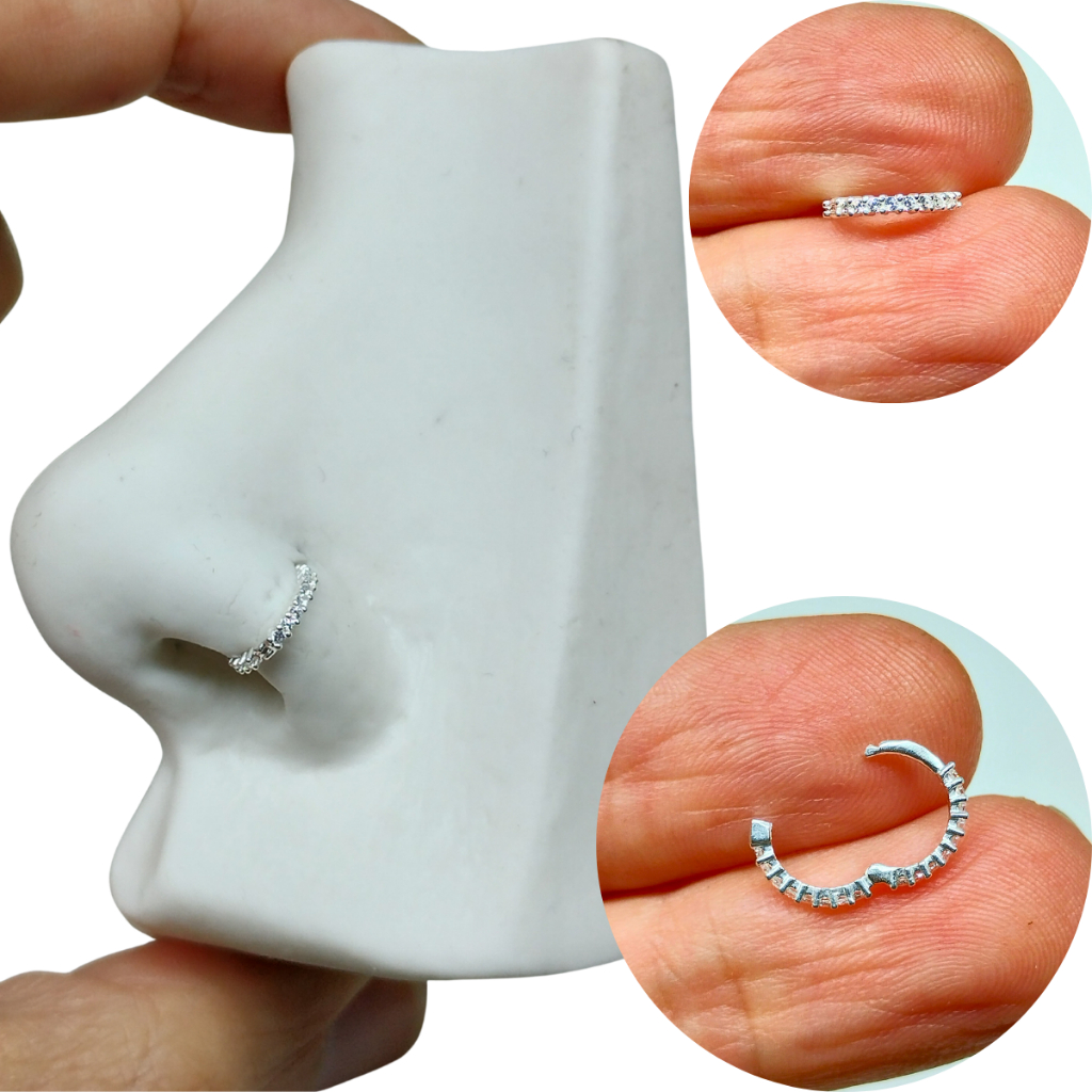 Piercing Para Nariz Argola Click Cravejada Prata 925 - 8mm
