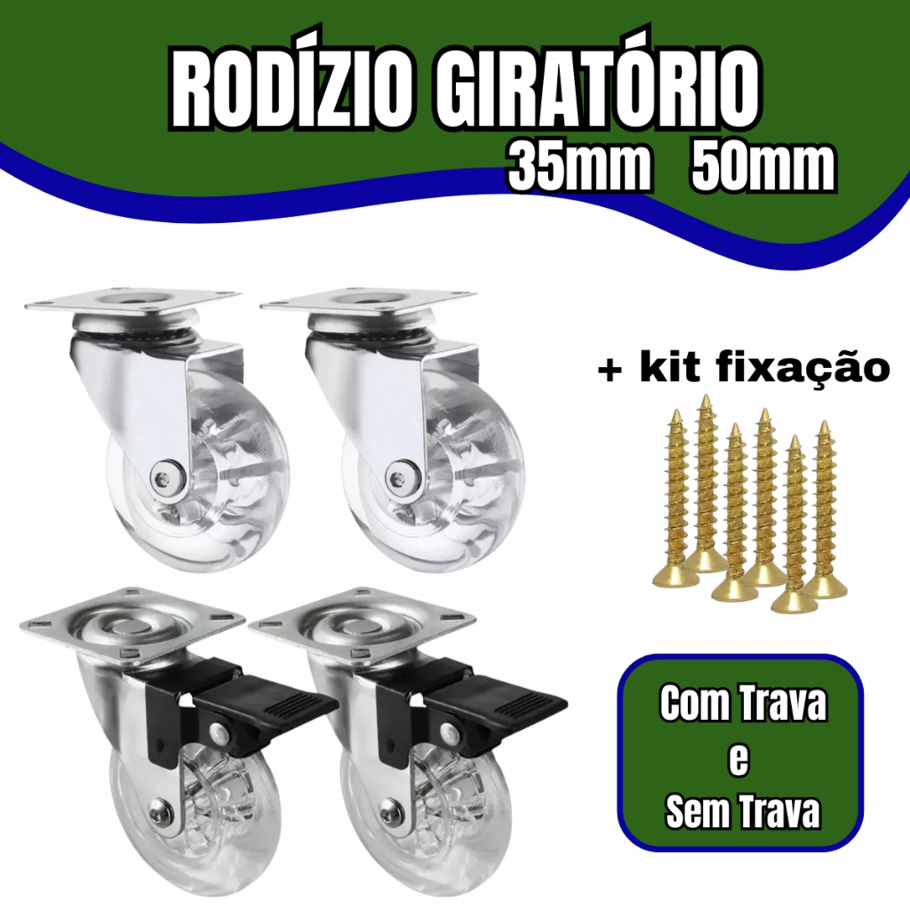 Kit Rodízios Giratórios com Rodinhas de Silicone  35mm e 50mm Com Trava E Sem Trava