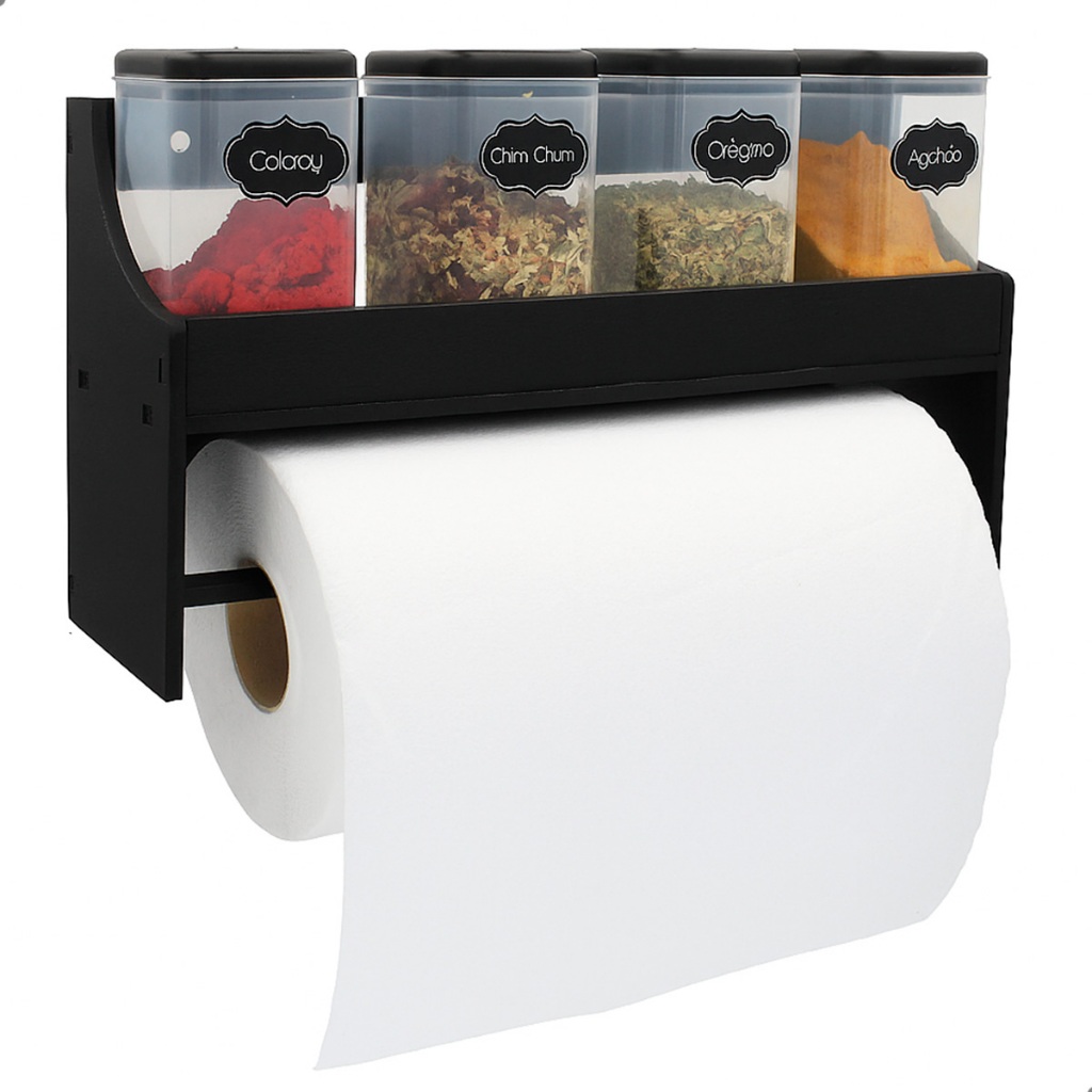 Porta Temperos MDF Preto com Suporte para Papel Toalha 27cm Parede ou Bancada Organização Cozinha Compacto em Oferta na Shopee