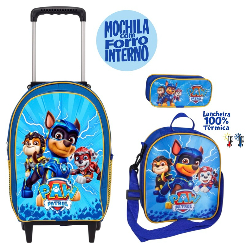 Kit Mochila Rodinha Patrulha Canina menino lancheira Térmica  + Estojo Mochila forro Interno