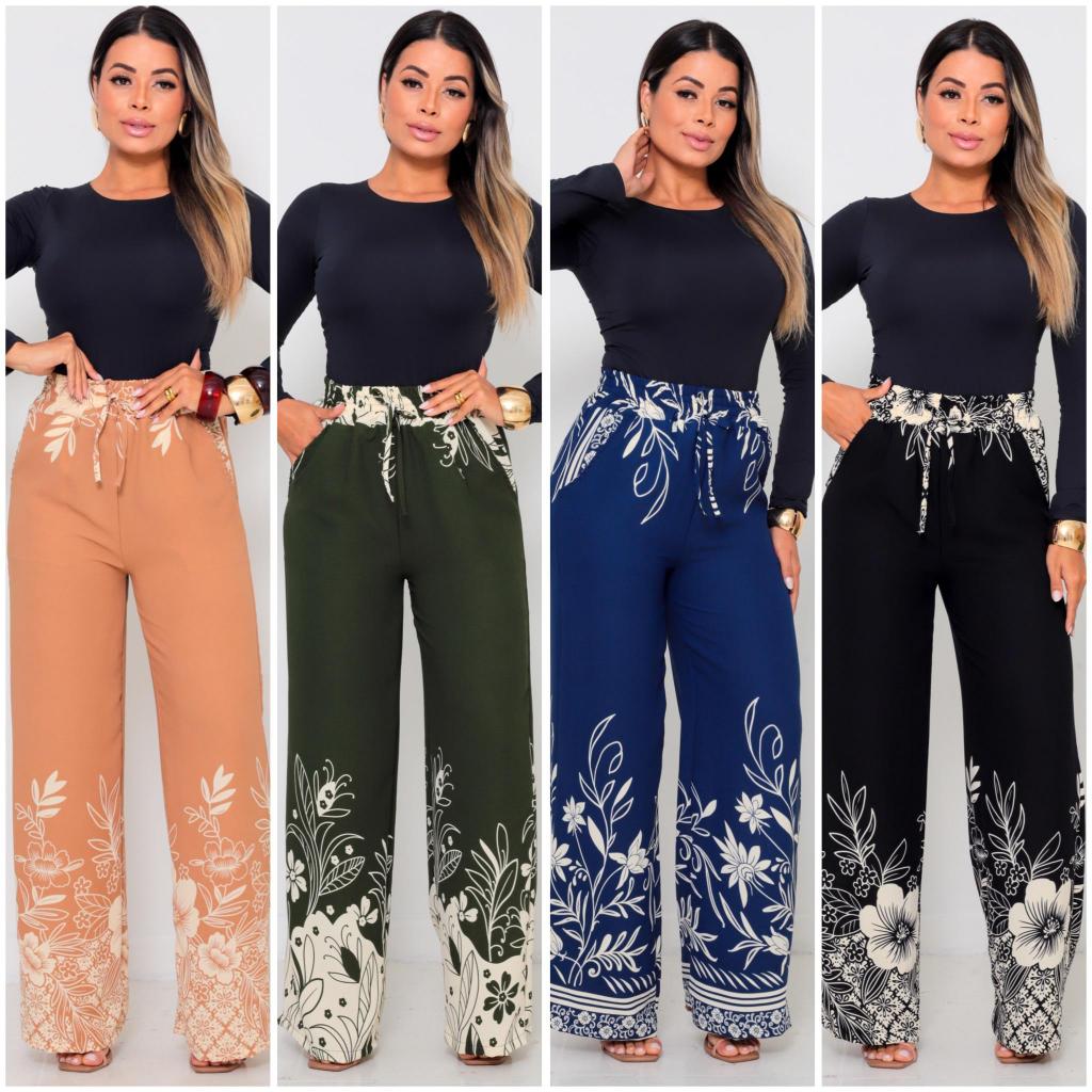 Calça pantalona femenina cintura alta com bolso tecido DUNA estampado em Oferta na Shopee
