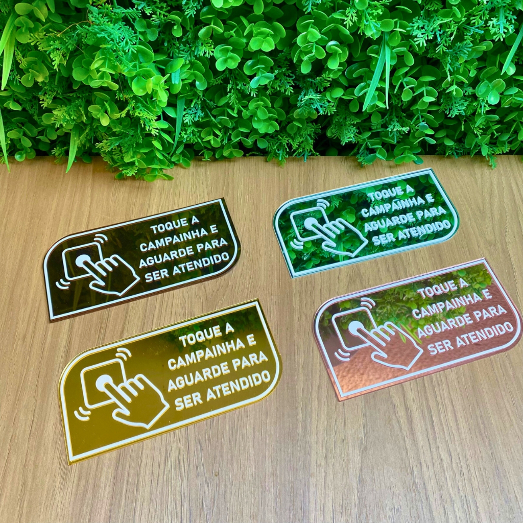 Placa Informativa Toque a Campainha em Acrílico Espelhado com Fita 17x8cm