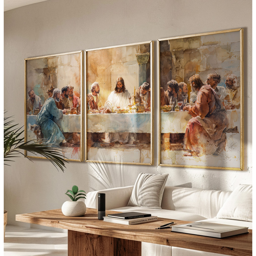 Quadro Decorativo Religioso Santa Ceia Aquarela Sala Quarto Escritório Trio Com Moldura Filete Vidro em Oferta na Shopee