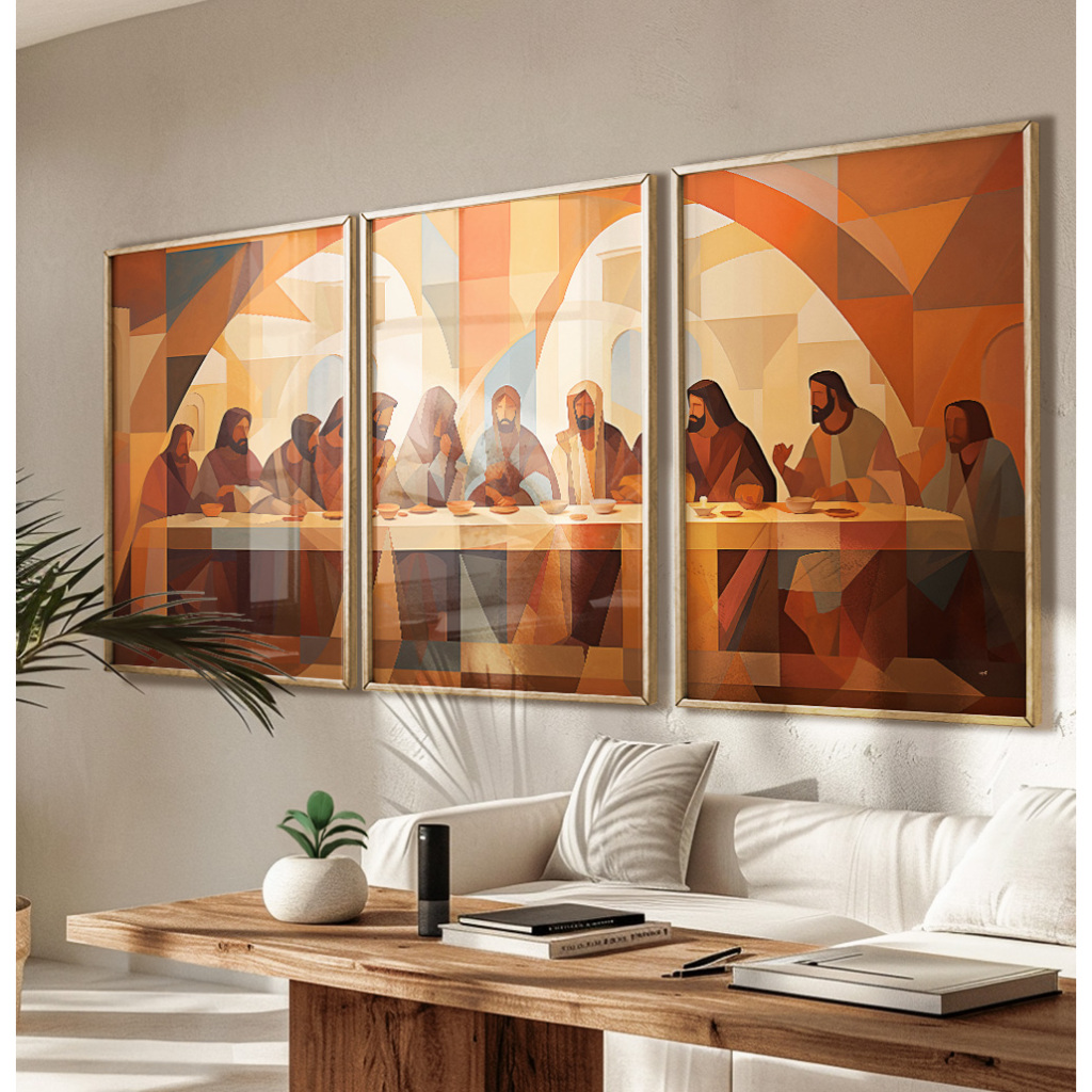 Quadro Santa Ceia Grande Com Moldura Kit 3 Quadros Religiosos Decorativos Quadro Mosaico Jesus Sala