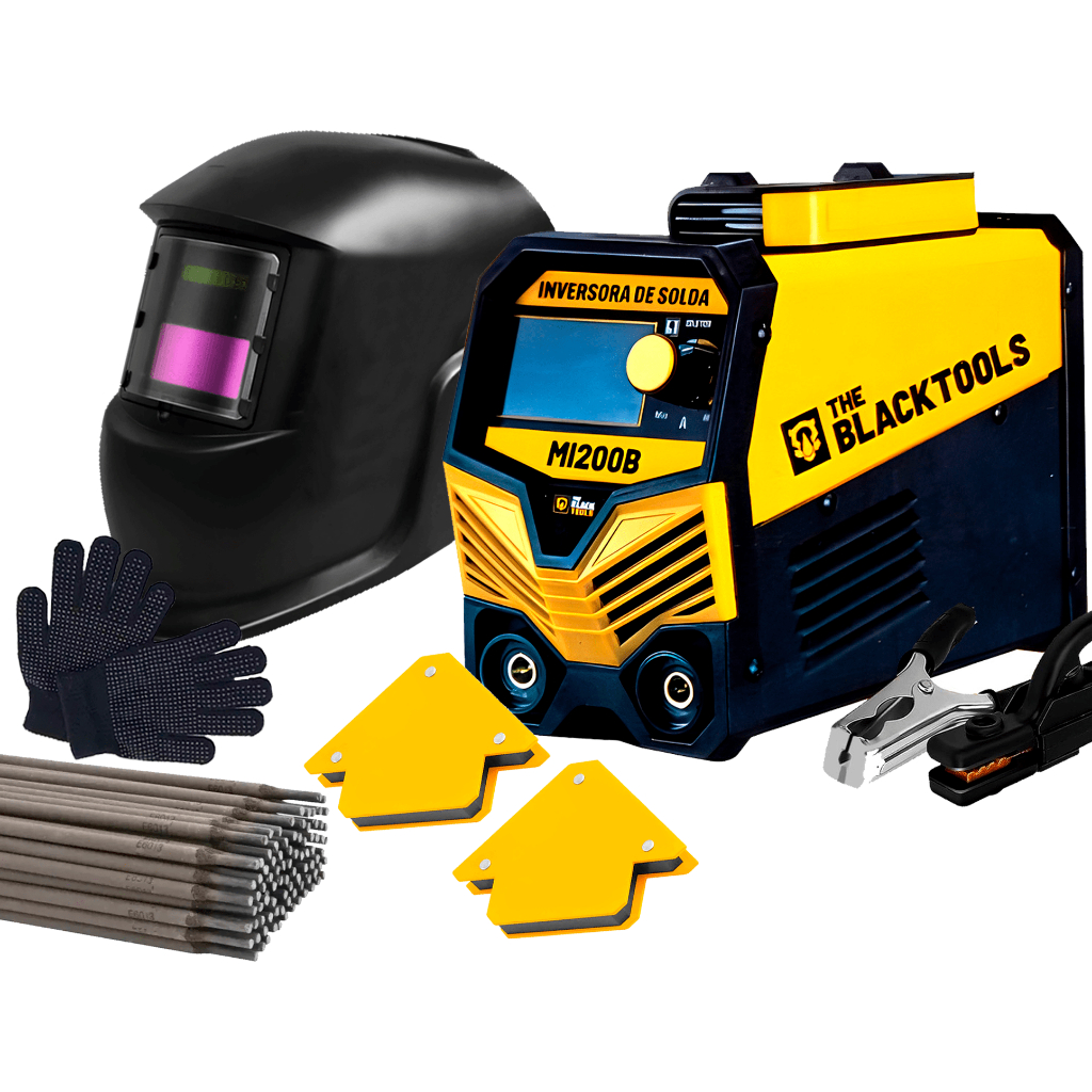 Kit Máquina De Solda Inversora Bivolt Com Máscara Automática + Eletrodo + 2 Esquadros E Luvas