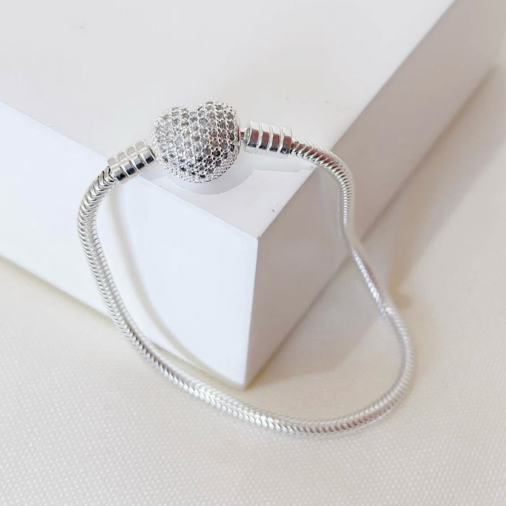 Pulseira de berloque fecho coração cravejado - Prata 925