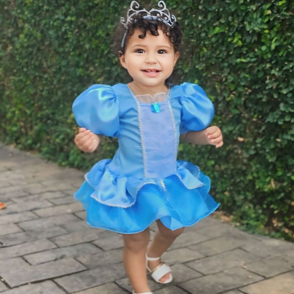 Fantasia princesa sapatinho de cristal bebê azul com coroa – perfeita para aniversários, mesversario e brincadeiras