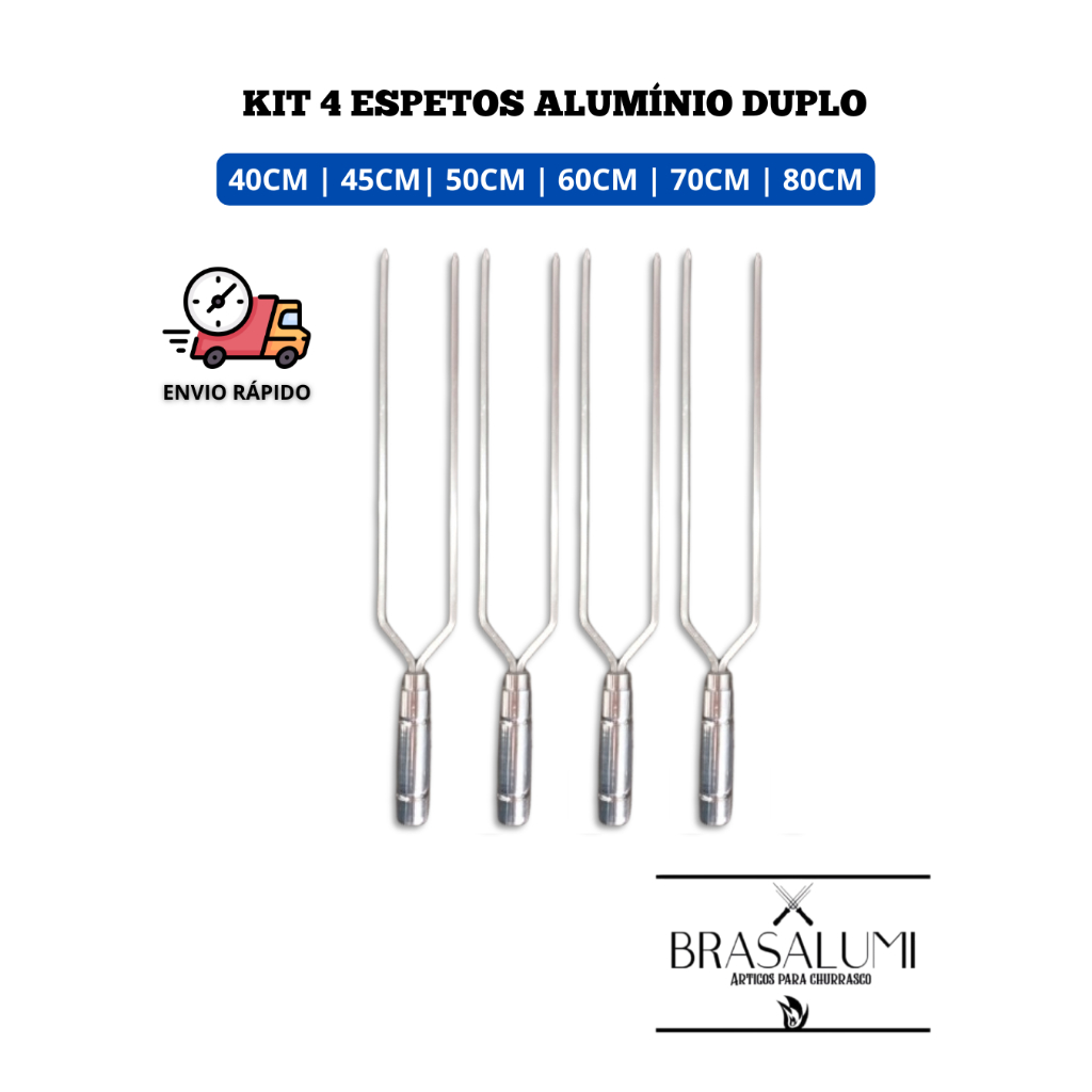 4 espeto duplo para churrasco em alumínio 40cm a 80cm