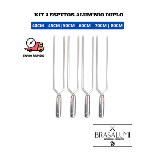 4 espeto duplo para churrasco em alumínio 40cm a 80cm