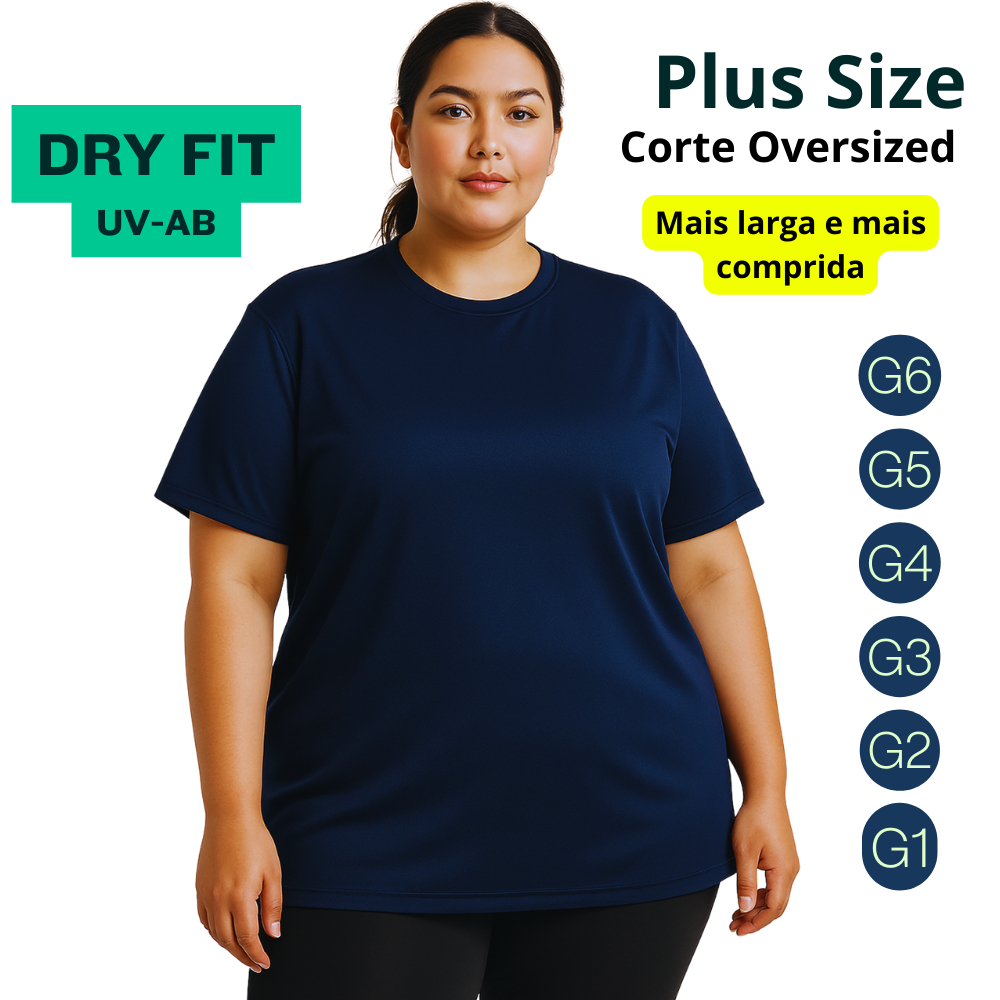 Camiseta Plus Size Dry Fit Feminina Manga Curta G6 G5 G4 G3 G2 G1 Proteção Solar Academia PROMOÇÃO