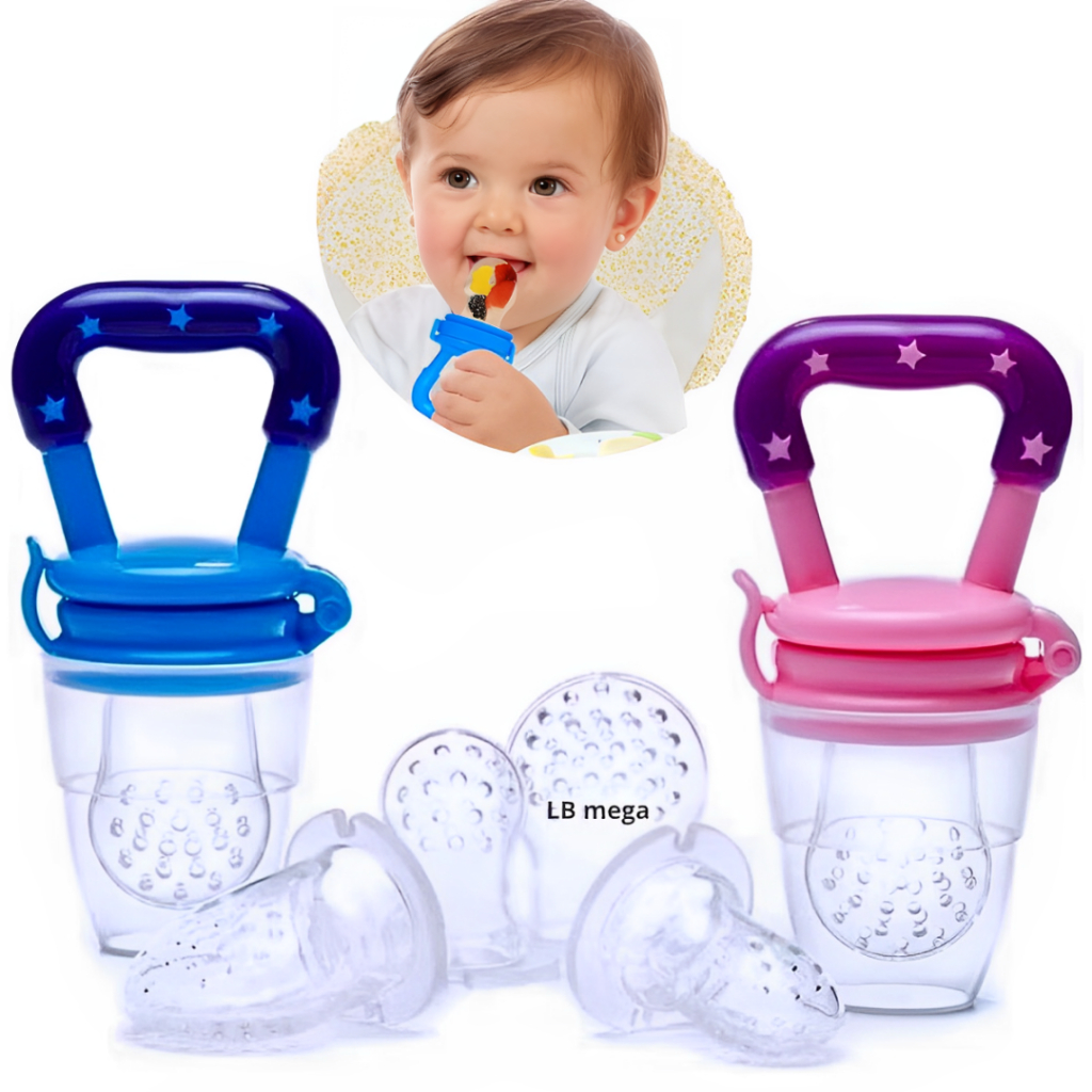 Chupeta Mordedor Alimentadora Bebê De Silicone Porta Fruta Azul e Rosa