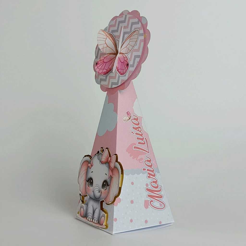 Kit Lembrancinhas de Festa Personalizada Caixinha Pirâmide PEGUE E MONTE Elefantinha Baby Luxo Rosa