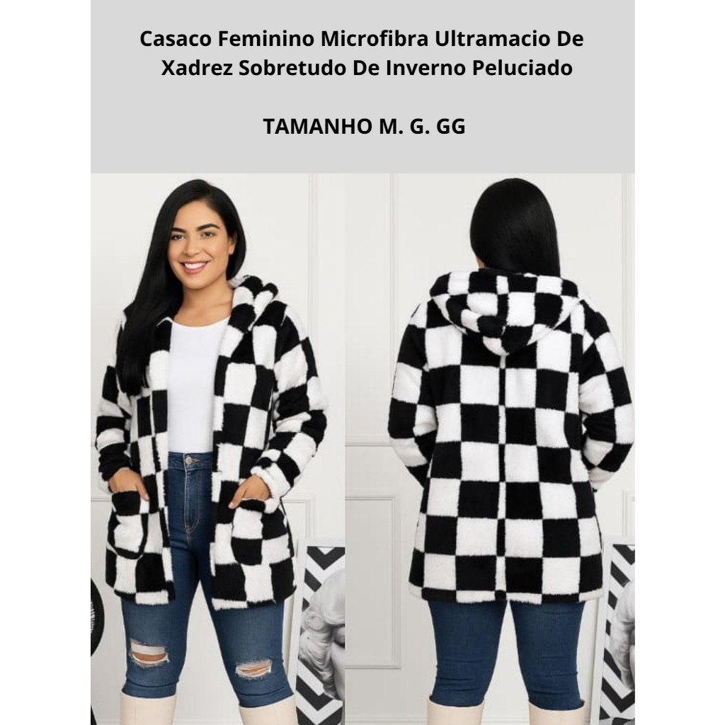 Casaco Feminino Microfibra Ultramacio De Xadrez  Sobretudo De Inverno Peluciado