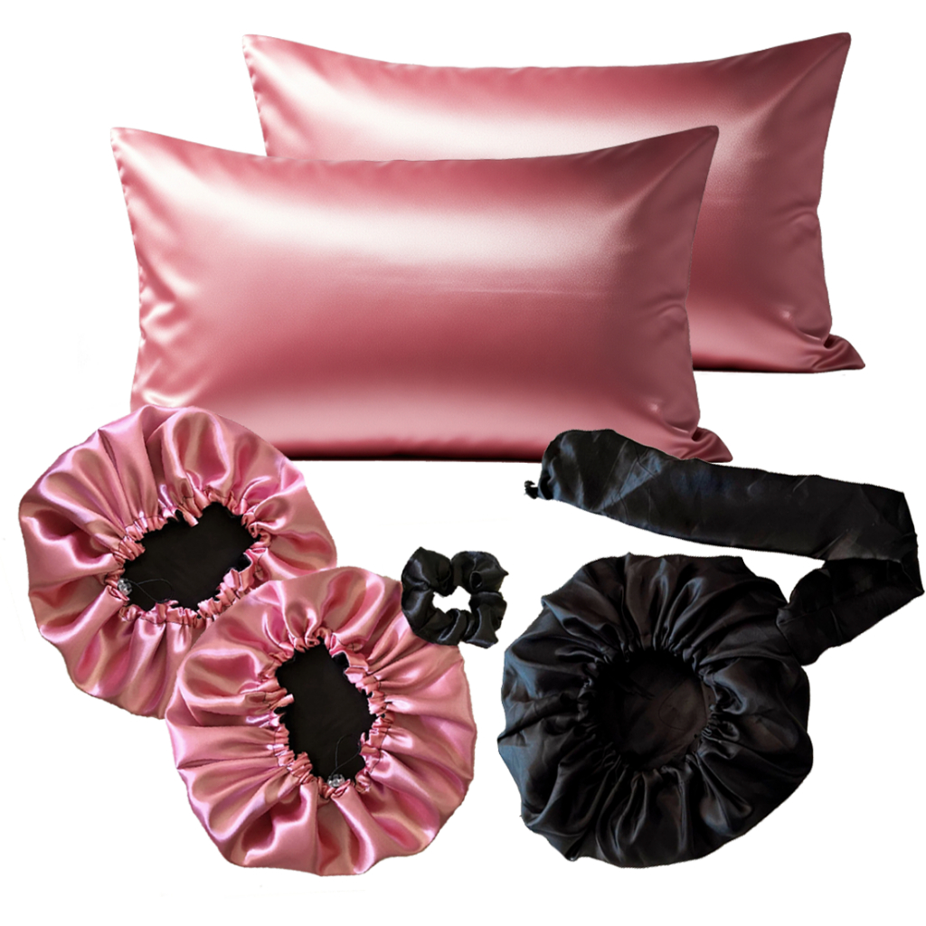 Kit Cetim 2 Toucas dupla face antifrizz + 1 toca Difusora+ 2 Fronhas + xuxinha linha premium